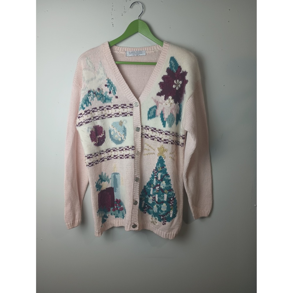 Vintage Karen Scott Pink Christmas Tree Ornament Beaded Cardigan Sweater XL